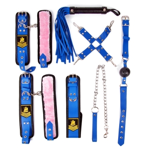 Набор наручники, оковы, ошейник с поводком, кляп, плеть, фиксатор + подарок QBLU-05