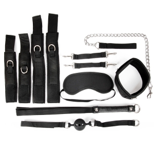 Набор: наручники, оковы, ошейник с поводком, кляп, маска, плеть