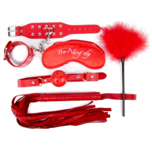 Комлект наручники, маска, кляп, плеть, щекоталка с пухом красный + подарок пробка BKM-01